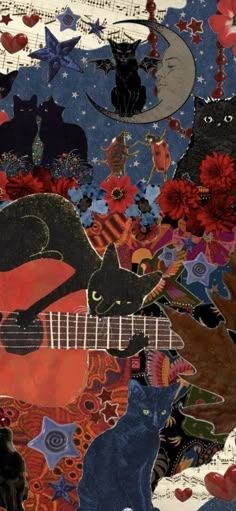 a collage of cats playing the guitar in front of flowers and stars on a blue background