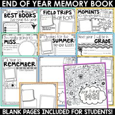 the end of year memory book for students with pictures and text that reads, best books