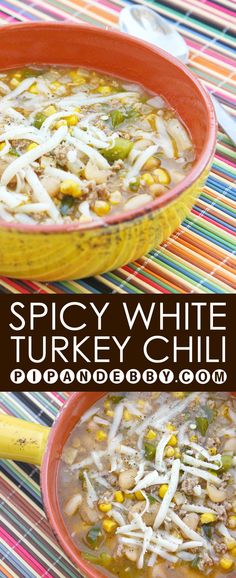 two bowls of spicy white turkey chili with shredded cheese