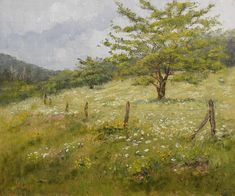 an oil painting of a field with trees and wildflowers in the foreground