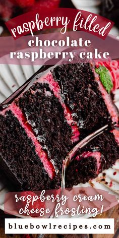 a slice of raspberry filled chocolate raspberry cake on a plate