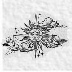 an ink drawing of the sun surrounded by angels