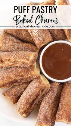 puff pastry baked churros on a white plate with dipping sauce in the middle