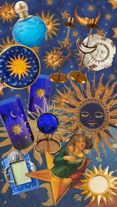 the sun, moon and other objects are arranged in this collage with blue background