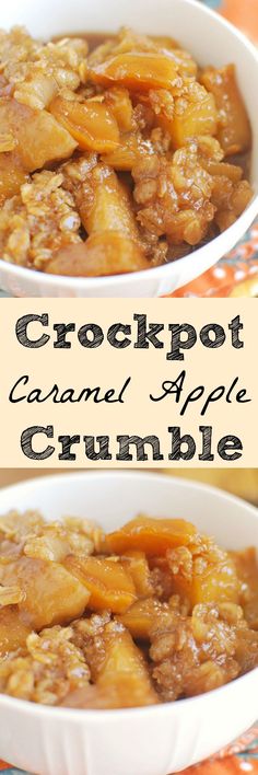 crockpot caramel apple crumble in a white bowl