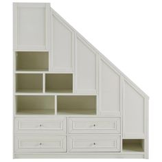 a white bookcase with drawers and shelves in the shape of an attic, against a white background