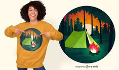 a man wearing a yellow sweatshirt pointing at a campfire t - shirt design