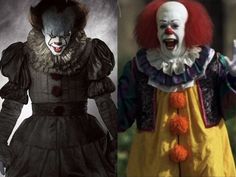 two pictures of clowns with different facial expressions and hair styles, one is wearing a dress