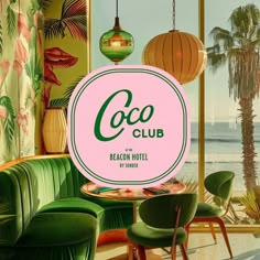 an advertisement for the coco club at beacon hotel, with palm trees in the background