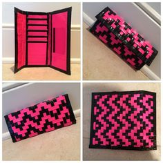 four different views of a pink and black purse