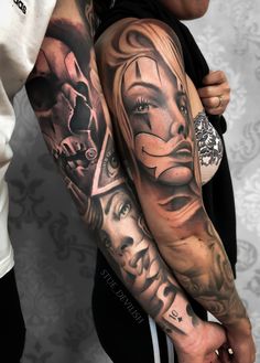 two people with tattoos on their arms, one has a clock and the other has a skull