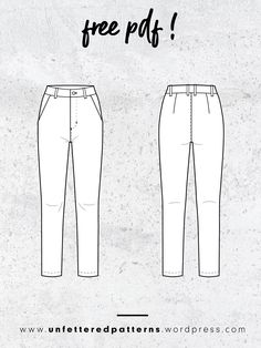 the front and back view of a women's pants sewing pattern, with text overlay