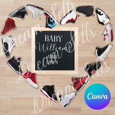 a heart made out of shoes with the words baby williams written on it in white