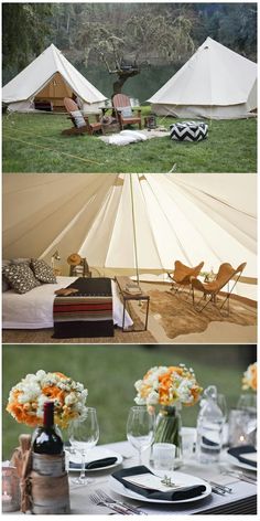 there are two pictures of a tent with tables and chairs