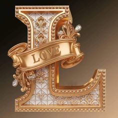 the letter l is decorated with gold and diamond accents, along with a ribbon that says love