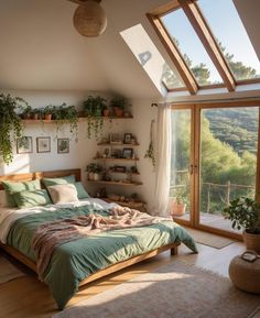 a bedroom with a large bed and lots of plants on the shelves above it in front of an open window