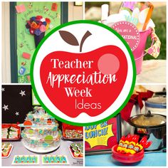 teacher appreciation week ideas with apples, candy and other items for the school's apple theme