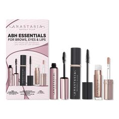 ABH Essentials Kit for Brows, Eyes & Lips - ESSNTLS KTFeaturesDeluxe Mini Clear Brow Gel:Features a lightweight, colorless formula that delivers flexible hold that lastsFormula holds hairs in place without a stiff feelDries down completely clear without leaving any residueSoothing chamomile conditions hair while hyaluronic acid hydrates and creates a plumping effectVeganDeluxe Mini Lash Sculpt Lengthening & Volumizing Mascara:Long-lasting, buildable formula sculpts and lengthens lashes for extre Tinted Lips, Eyebrow Routine, Tinted Lip Gloss, Mascara Primer, Volumizing Mascara, How To Line Lips, Volume Mascara, Brow Gel, Eyes Lips