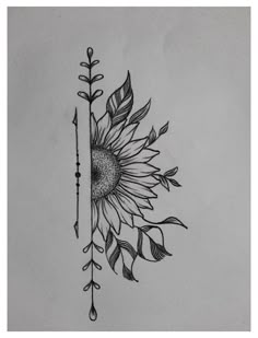 a drawing of a sunflower with an arrow on it's side and some leaves