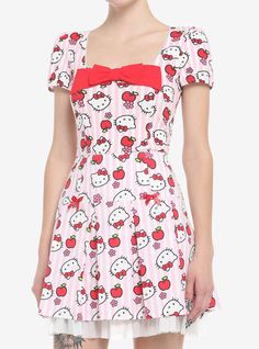 Hello Kitty Apple, Sanrio Style, Hello Kitty Dress, Striped Background, Plus Size Fits, Socks And Tights, Sweaters And Jeans, Red Bow, Girl Top