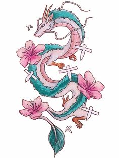 a drawing of a dragon with flowers on it