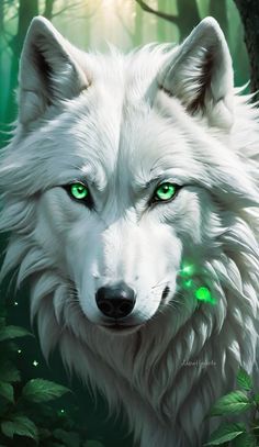 a white wolf with green eyes standing in the woods