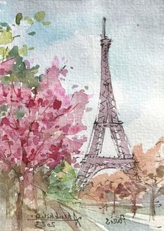 watercolor painting of the eiffel tower in paris, france with trees and flowers