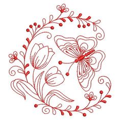 a red embroidered design with flowers and leaves