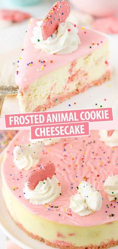 the frosted animal cookie cheesecake is ready to be eaten