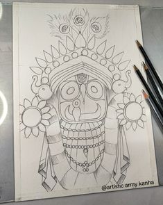 a pencil drawing of a skull wearing a headdress with flowers on it's forehead