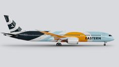 an airplane is painted with different colors and designs on it's tail end, as well as the word eastern