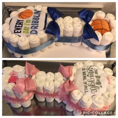 two cakes decorated with white frosting and blue ribbons, each one has a basketball on it