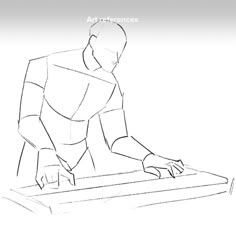 a drawing of a man sitting on top of a table with his hands in the air