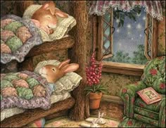 a painting of two bunnies sleeping on top of bunk beds next to a window