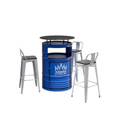 a table and chairs are next to a blue barrel