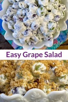 Collage of grape salad with a cream cheese and sour cream coating and brown sugar topping Butterfinger Grape Salad, Grape Salad With Cream Cheese, Cream Cheese Fruit Salad, Easy Grape Salad, Juice Blends, Grape Salad Recipe, Eagle Brand Milk, Frozen Grapes, Grape Recipes