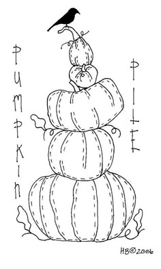 a black and white drawing of pumpkins stacked on top of each other with a bird perched on top