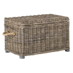 an empty wicker box with metal legs