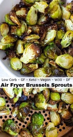 an air fryer brussel sprouts with the words low carb and keto vegan