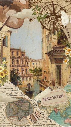 an altered photograph of a map, flowers and other things in the background that are collaged together