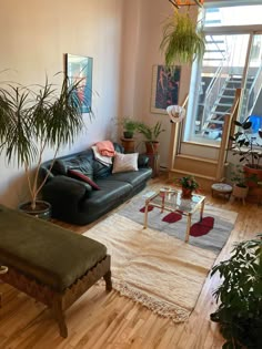 a living room filled with furniture and lots of plants on top of the floor next to a window