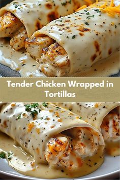 two pictures of chicken wrapped in tortillas on a plate