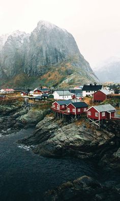 small red houses sit on the rocky shore