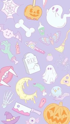 a purple background with lots of different halloween items on top of each other, including pumpkins and ghost heads