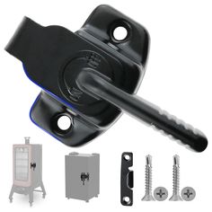 an assortment of hardware and accessories including a door handle, screwdriver, latch, and mountings