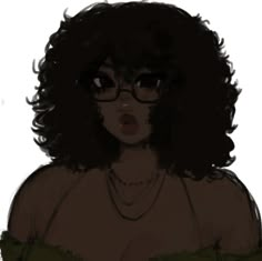 a drawing of a woman with glasses on her face and curly hair, wearing a green top