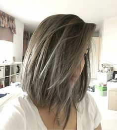 short balayage grey hair                                                                                                                                                                                 More Grey Hair Color Silver, Hair Color Asian, Ash Brown Hair Color, Ash Hair Color, Bangs Hairstyles, Short Grey Hair, Short Hair Balayage