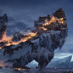 an image of a castle on top of a mountain in the middle of winter time