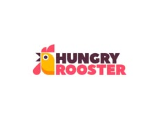 the hungry rooster logo is shown in pink and orange, with red letters on it