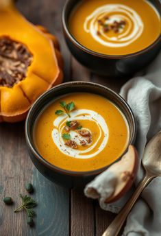 two bowls of carrot soup on a wooden table with silver spoons and napkins